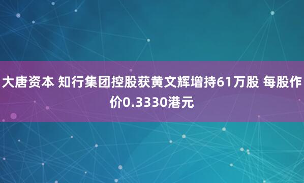 大唐资本 知行集团控股获黄文辉增持61万股 每股作价0.3330港元